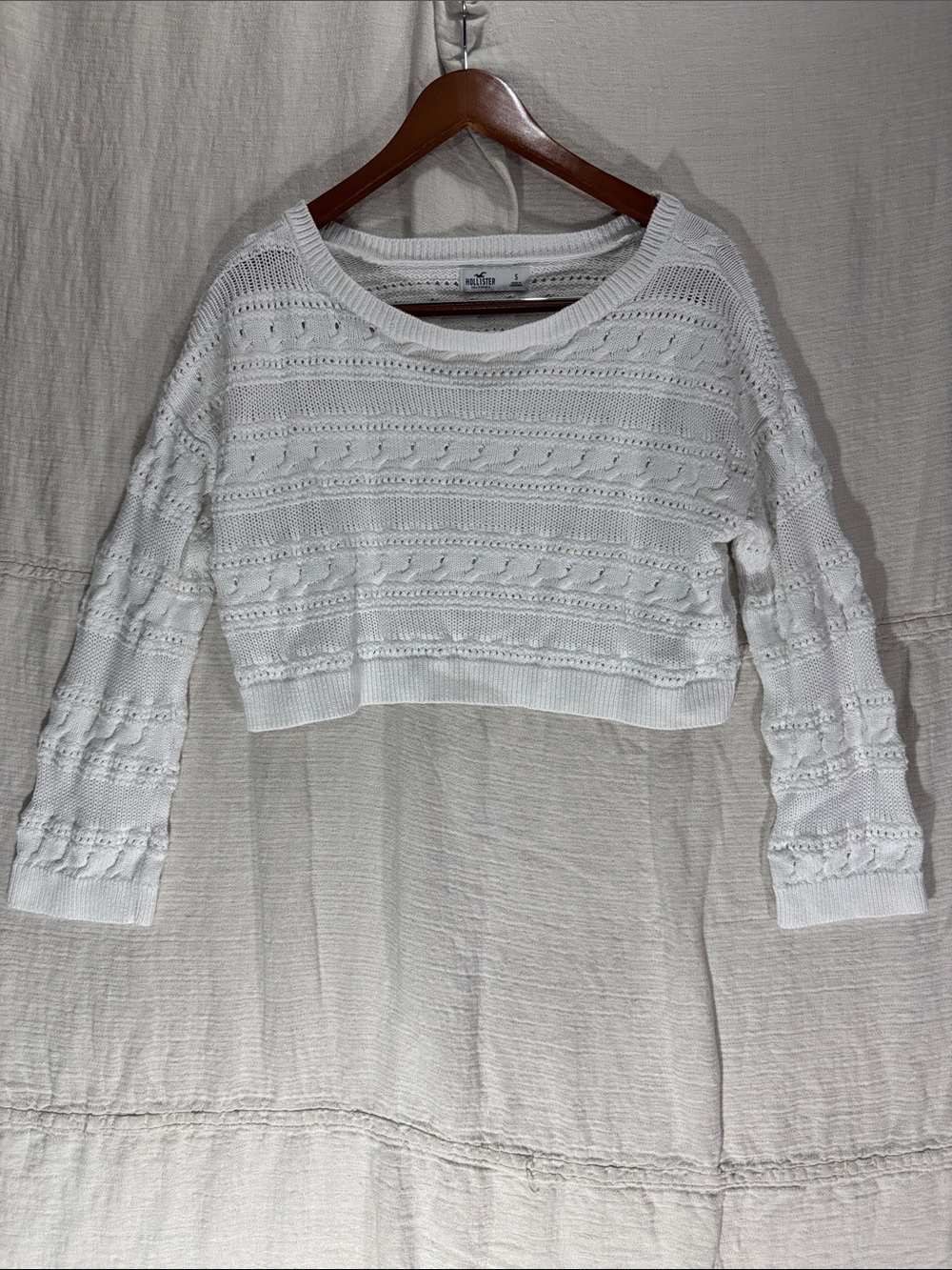 Hollister White Crochet Open Knit Cropped Scoop Neck Sweater Size S 100% Cotton
